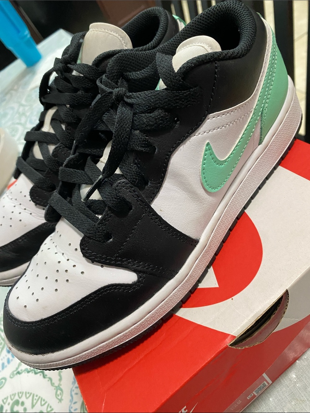 Jordan Kids Black White Sneakers with Mint Green Swoosh